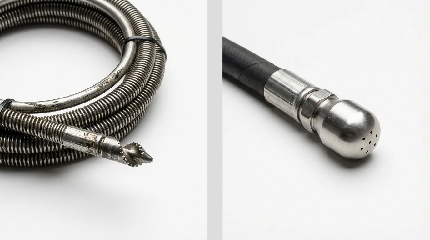 Drain snake cable and hydro jetting nozzle used for drain cleaning in Martinez, CA