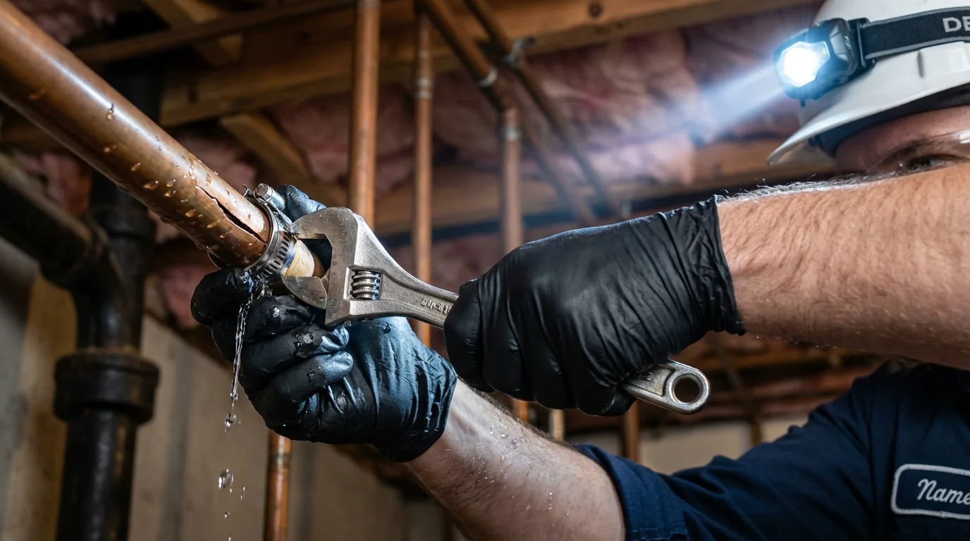 Emergency pipe clamp repair being performed by a Johns Plumbing LLC plumber in Martinez