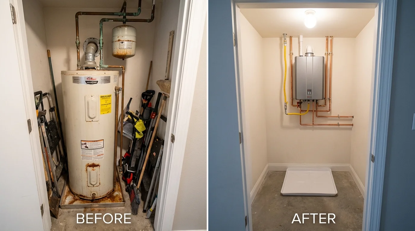 Tank water heater versus wall-mounted tankless unit comparison for Martinez, CA homeowners