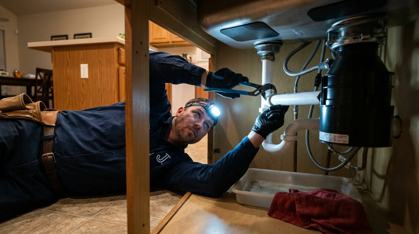 P-trap and supply line connections under a kitchen sink showing a common leak point in Martinez, CA